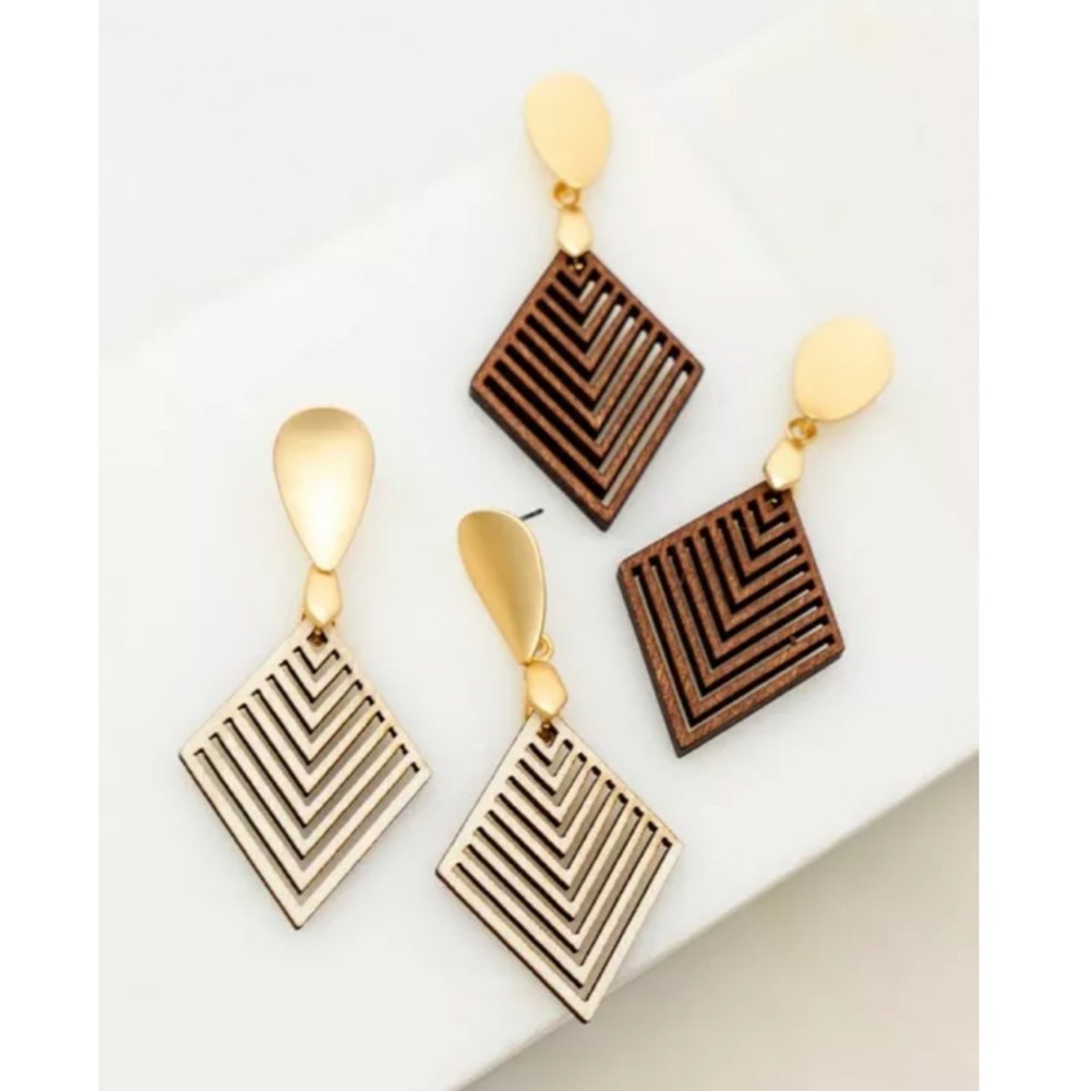 Gold Diamond Wood Laser Cut Filigree Earrings - Picture 2 of 3